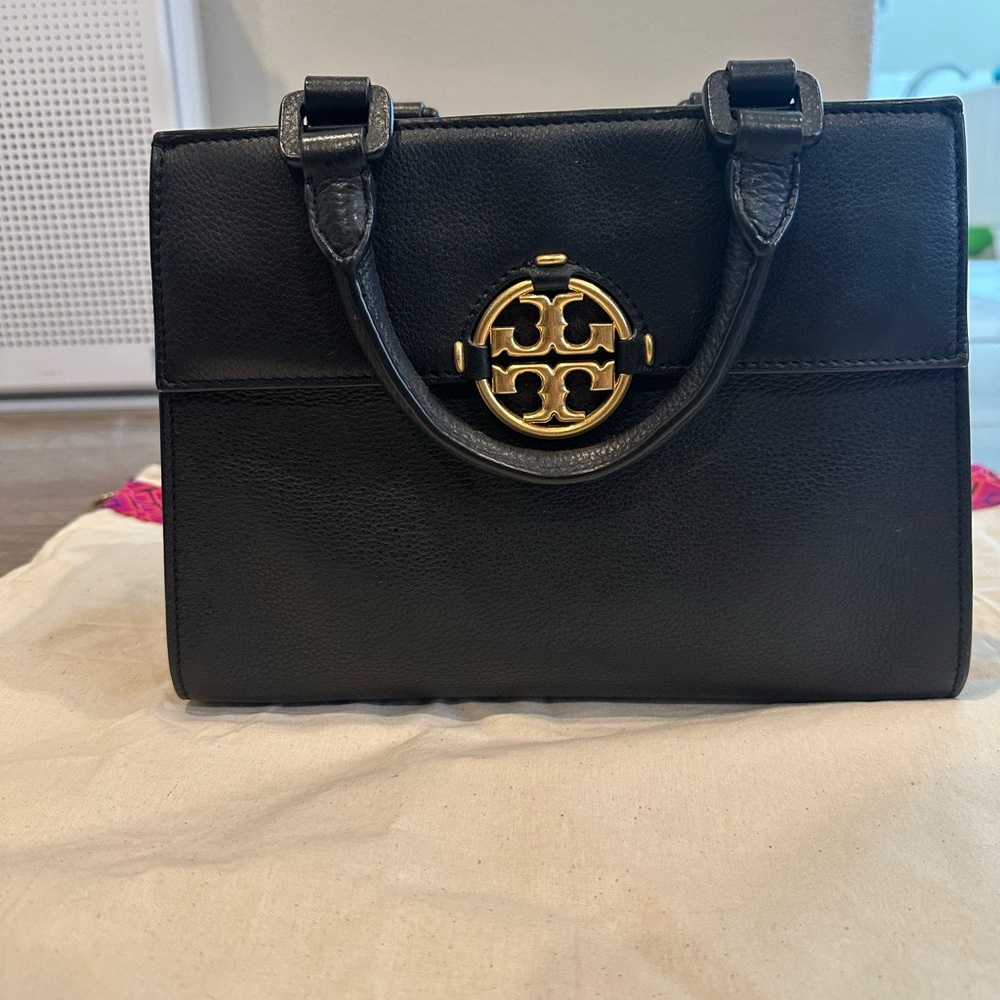 Tory Burch Black and Gold Satchel with Signature Medallion with dust bag